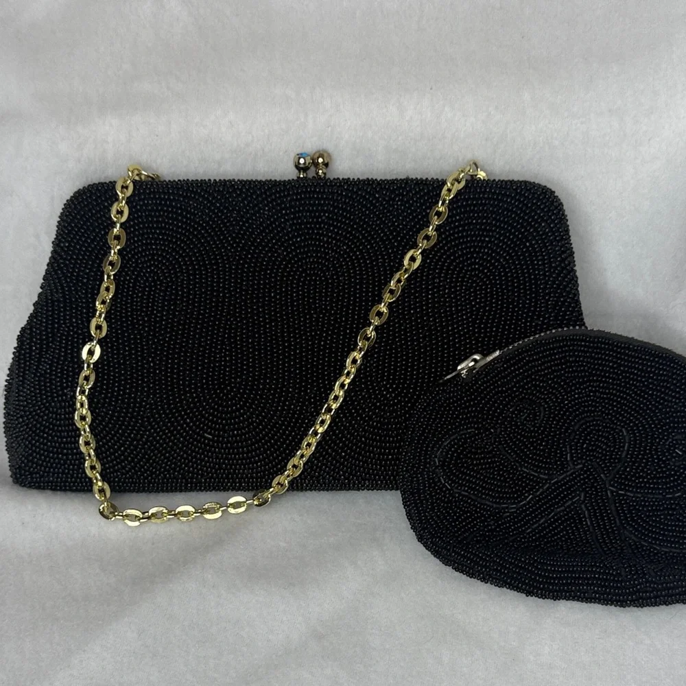 Vintage Black Beaded Kisslock Clutch Handbag and Coin Purse Set Made in Japan